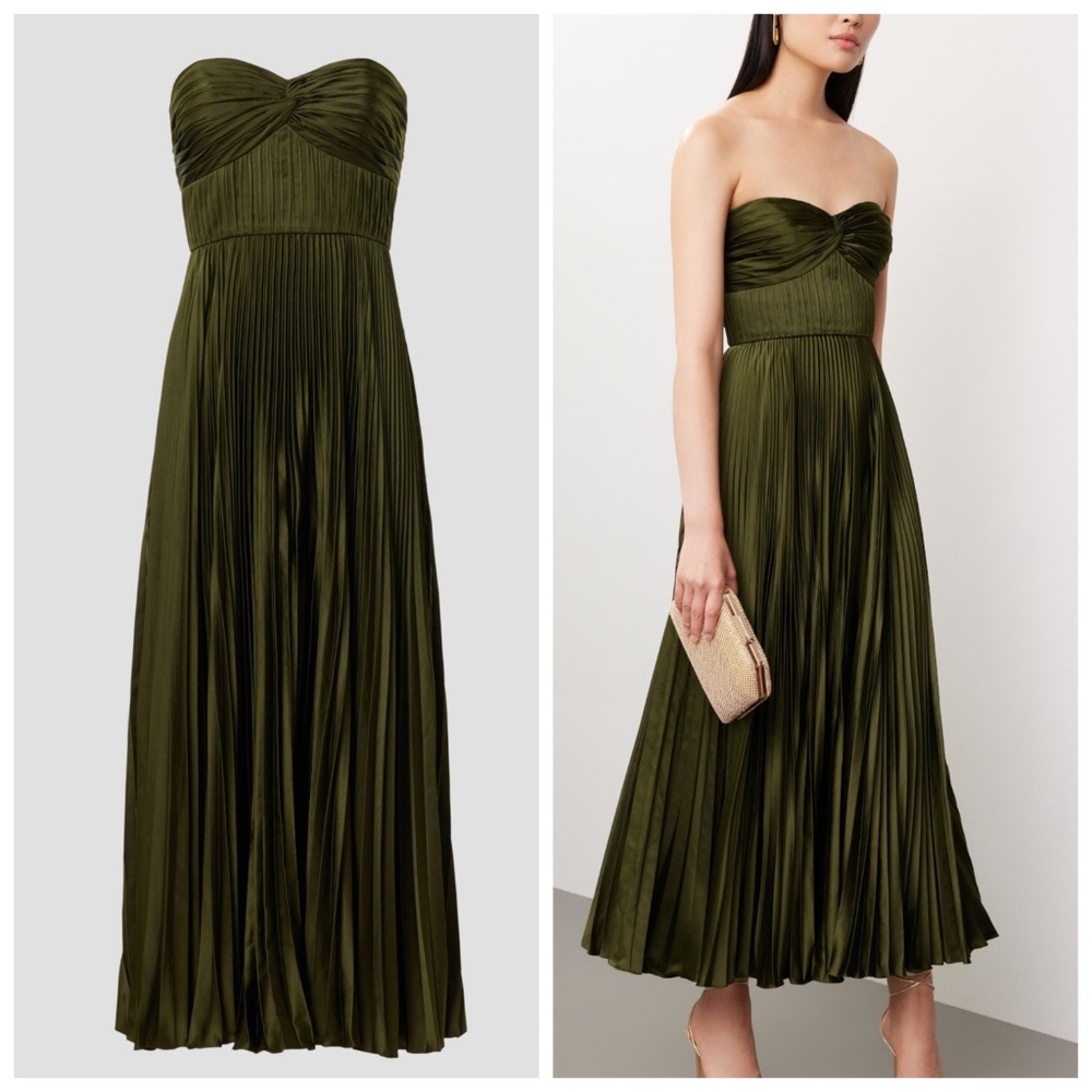 AMUR Pleated Strapless Belle Maxi Dress Satin Olive Green Sweetheart - Size 2